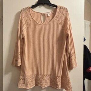 LC Lauren Conrad Pale Pink/Peach Pointelle Sweater Hi-Low Lightweight Knit M